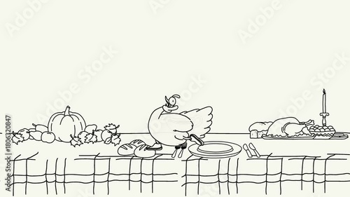 Cartoon loop animation of a turkey bird dashing through a Thanksgiving dinner table filled with pumpkin, pie, cornucopia, bread, roll, corn, gravy, and roasted turkey in a humorous holiday scene.
