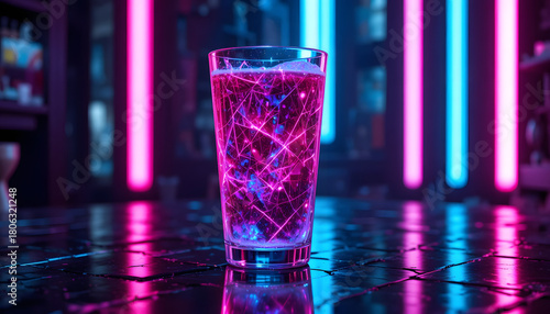 Electrifying drink with neon glow in glass, perfect for bar promotions, nightclub flyers, and modern beverage ads, vibrant and innovative drink experience