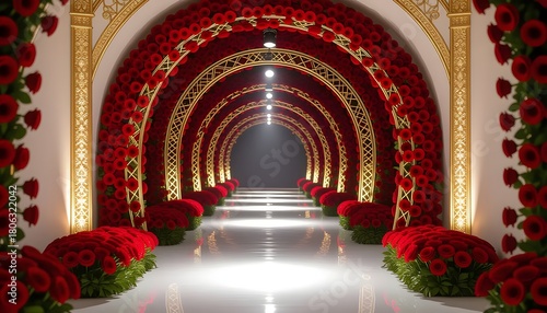 Barat stage with red rose tunnel, golden frames, and spotlighted entrance walkway