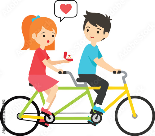 Woman proposes to man on tandem bicycle with heart symbol above couple love