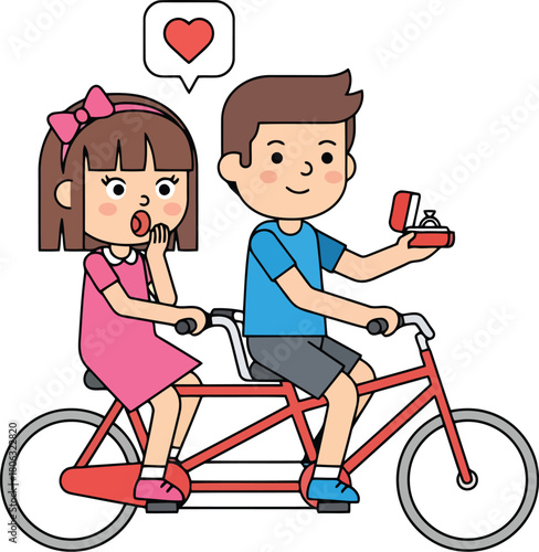 Cartoon couple on tandem bicycle with marriage proposal and heart symbol bike