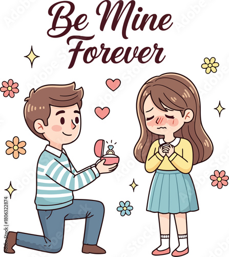 Cartoon man proposing marriage to shy woman with engagement ring and flowers proposal couple