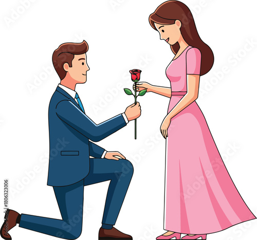 Man in blue suit kneeling offers red rose to woman in pink dress flower