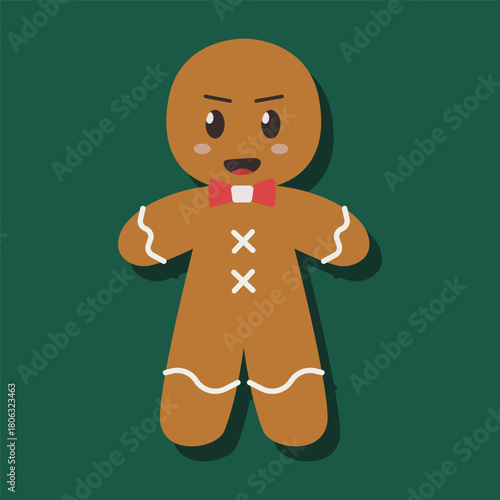 A cartoon gingerbread man with a red bow tie and a frowning face