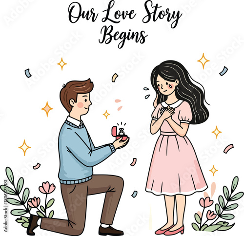 Man proposing marriage to surprised woman with diamond ring in open box surrounded by confetti and flowers