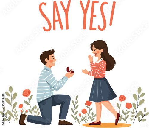 Man proposing marriage to surprised woman with ring box surrounded by flowers proposal engagement