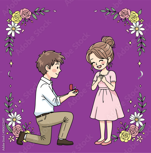 Man proposing to happy woman with ring box surrounded by floral border proposal engagement