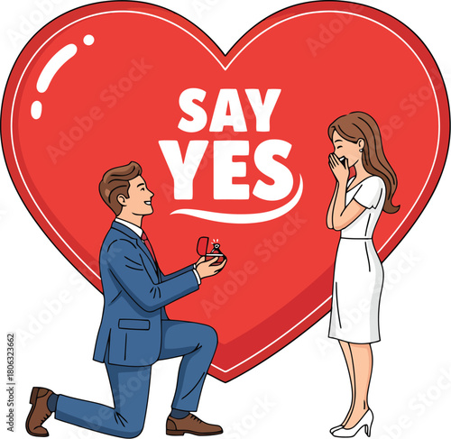 Man proposing marriage with ring to woman in front of large red heart with text proposal engagement