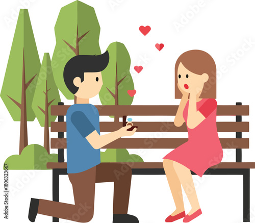 Man proposing with ring to surprised woman on park bench with trees and hearts proposal engagement