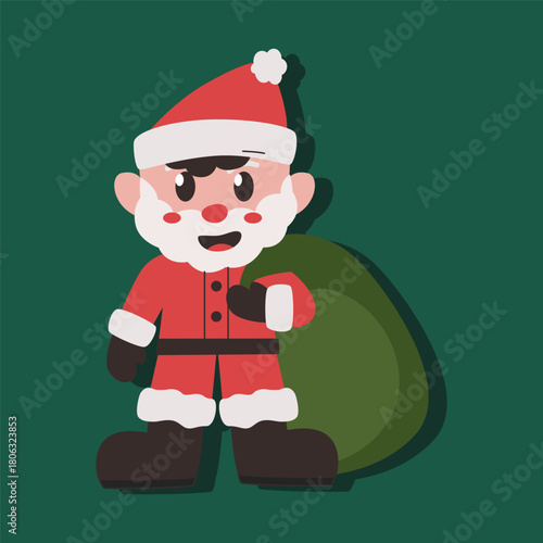A cartoonish image of a santa with a green bag