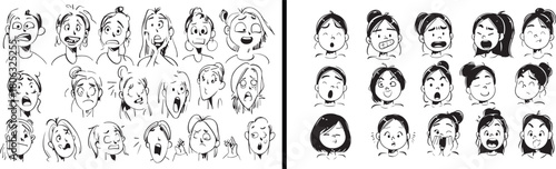 human face expressions set, people emotions vector, cartoon faces illustration, hand drawn portrait artwork, facial emotions clipart, character expression design, face outline drawing, people reaction