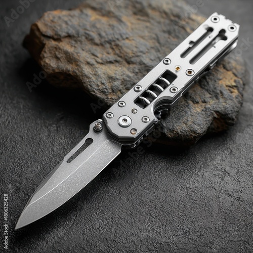 Modern Silver Pocket Knife on Dark Stone Background, Close-Up Detail