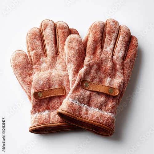 Pair of Orange Terry Cloth Gloves with Leather Trim on White Background