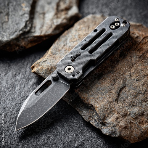 Folding Pocket Knife with Gray Handle on Stone Background, Close-up