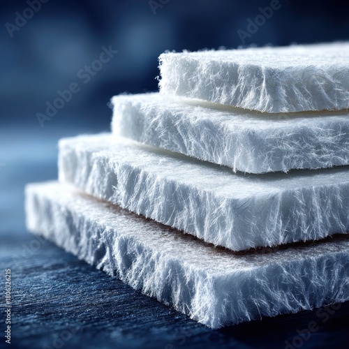 Stack of White Fluffy Material, Abstract Texture Close-up, Blue Background