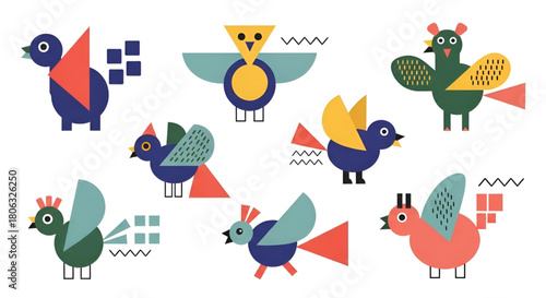 Geometric birds clip art vector illustration design for kids crafts