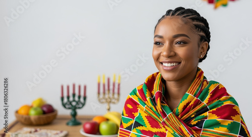 Capturing spirit of Kwanzaa with young woman, celebrating unity and heritage. Kwanzaa traditions are vibrant, symbolized by beautiful girl wrapped in patterned cloth, showcasing pride.