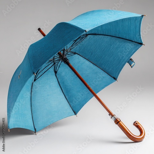 Elegant Blue Umbrella with Wooden Handle on Neutral Background