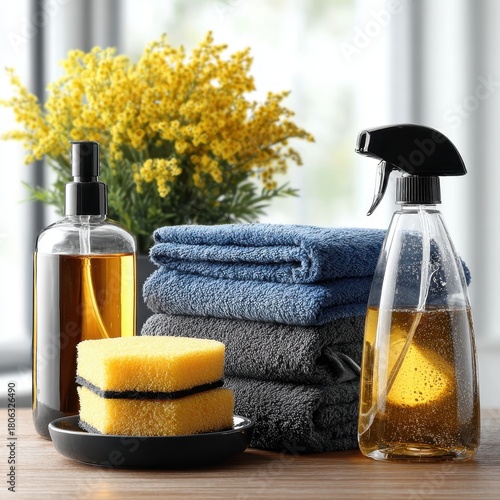 Cleaning Supplies with Towels, Sponges, and Spray Bottles on Wooden Surface