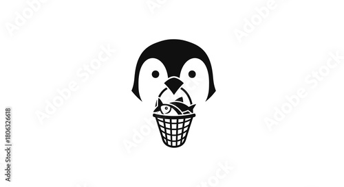 Penguin Holding Basket Of Fish vector illustration