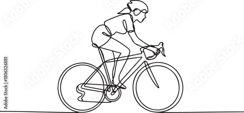 Young female cyclist in action, One continuous line drawing young sporty woman bicycle racer pedaling her bike so fast. one line Icon drawing with white background