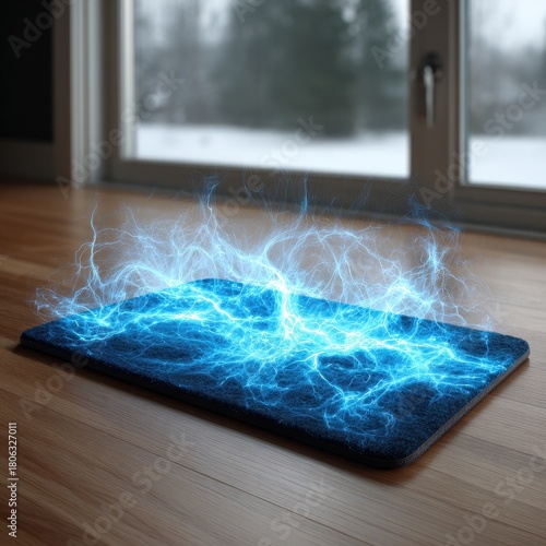 Blue Energy Mat on Wooden Floor with Lightning Effect, Indoor Scene