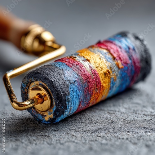 Close-up of Paint Roller Covered in Colorful Paint on Gray Surface