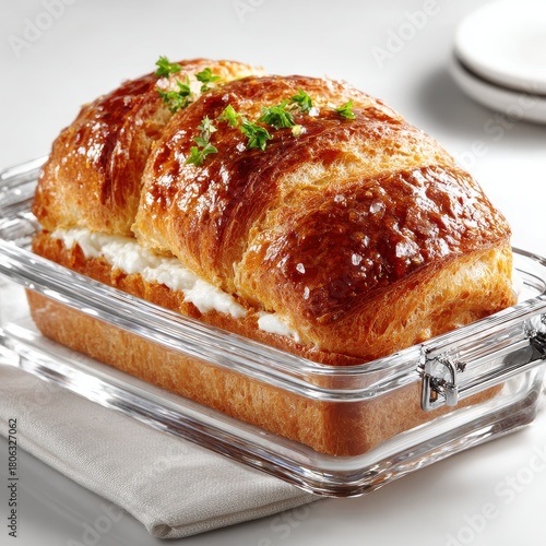 Brioche Loaf with Cream Cheese in Glass Container, Garnish with Parsley