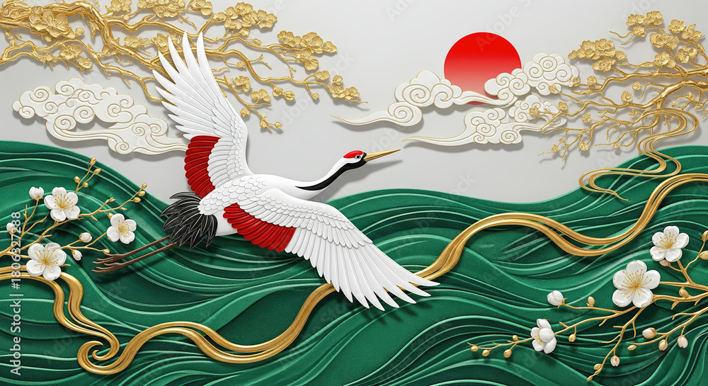 Obraz premium Elegant Japanese red-crowned crane flying over stylized green waves under a red sun.