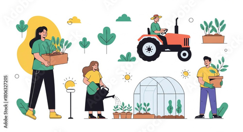 Illustrative scene of people gardening, tending to plants, greenhouse, and tractor, conveying a positive and eco-friendly lifestyle ideal for sustainable living