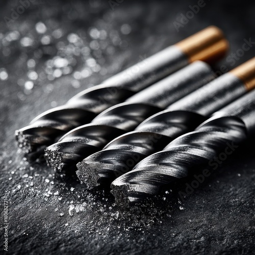 Close-up of Drill Bits with Debris on a Dark Textured Surface