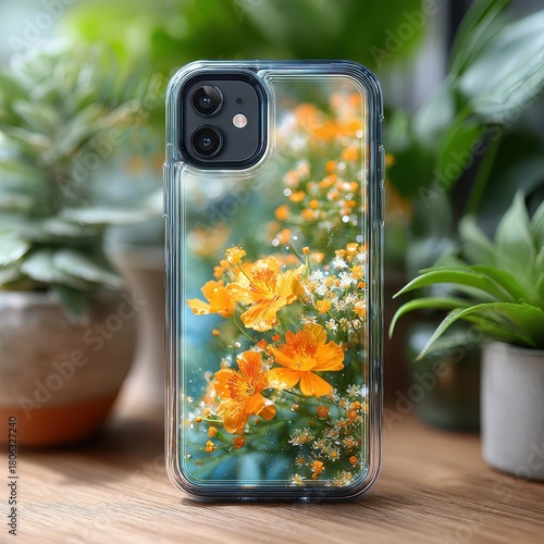 Smartphone in Clear Case with Orange Flowers on Wooden Table