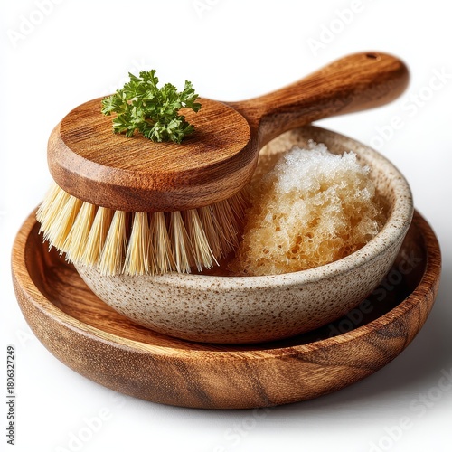 Natural Exfoliating Spa Set: Wooden Brush, Sugar Scrub, and Parsley Garnish