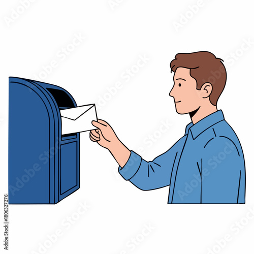 Man mailing letter into blue mailbox is main subject, demonstrating routine of sending correspondence. Posting letter requires placing envelope,