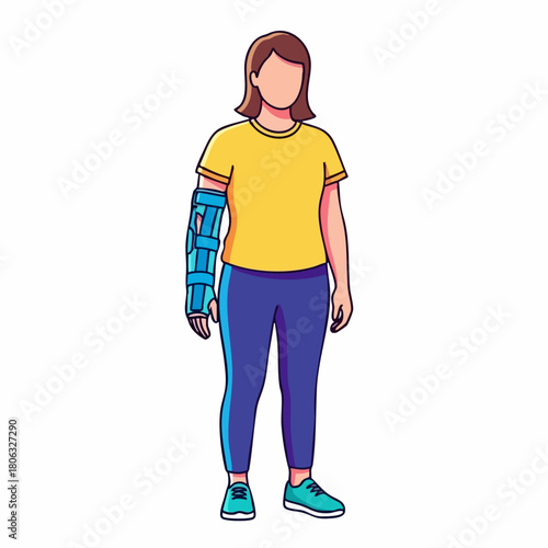 Arm injury assistance with a woman wearing blue cast, providing support and immobilization for her arm. Arm injury concept includes orthopedic brace for broken bones and sprains, ensuring stability.