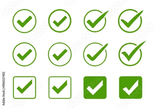 Collection of green checkmarks in circles and squares isolated on white background