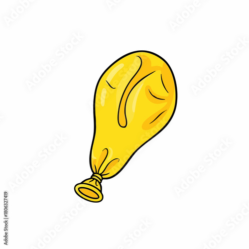 Yellow balloon lying on white background symbolizes unfulfilled celebration. Inflatable yellow balloon shows deflated party decoration, bright color fading.