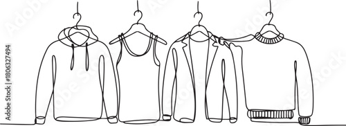 Set of drawing of hands holding hoodie, t shirt, tank top, jacket, and sweater in continuous one line drawing style