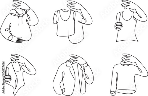 Set of drawing of hands holding hoodie, t shirt, tank top, jacket, and sweater in continuous one line drawing style