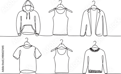 Set of drawing of hands holding hoodie, t shirt, tank top, jacket, and sweater in continuous one line drawing style
