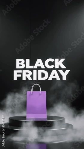 Black Friday sale, shopping bag on black background with podium.