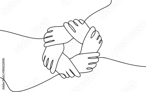 People unite their hands together continuous line drawing isolated. one line Icon drawing with white background
