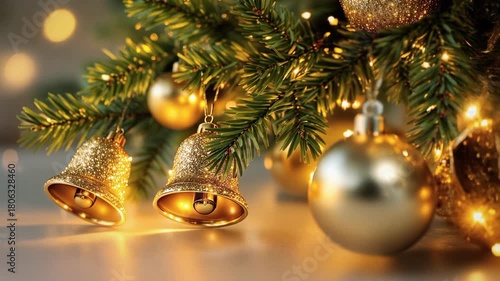 christmas tree decoration with bell. Closeup image of Christmas bell, Christmas tree and party ball. New year 2026.
