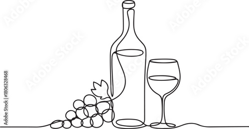 Bottle of wine with wineglass and grape bunch in continuous line art drawing style. one line Icon drawing with white background