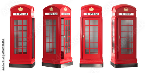 Set of classic red telephone booths. Photo of british red telephone booth isolated on transparent background. Png 