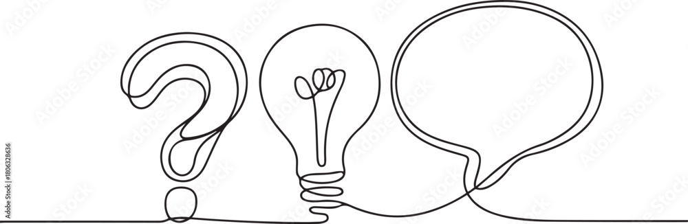 Obraz premium Hand drawn one line vector. Quick tips. Continuous one line drawing of question mark, light bulb and speech bubbles. one line Icon drawing with white background