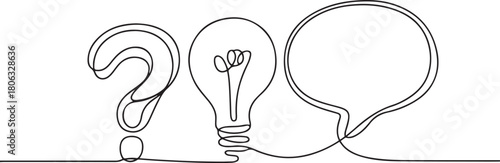 Hand drawn one line vector. Quick tips. Continuous one line drawing of question mark, light bulb and speech bubbles. one line Icon drawing with white background