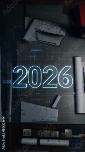 Happy New Year 2026 with blue print concept ads. Typography and plan with blue print animation video.	
