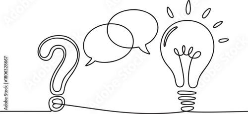 Hand drawn one line vector. Quick tips. Continuous one line drawing of question mark, light bulb and speech bubbles. one line Icon drawing with white background