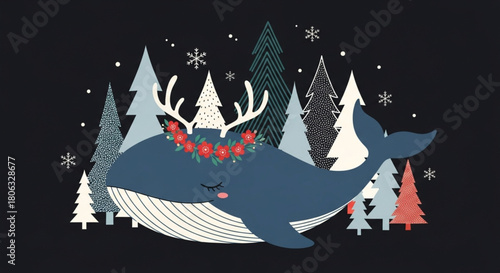 Enchanting winter whale with antlers and floral crown in snowy forest art for Christmas cards and festive holiday decorations and delightful designs